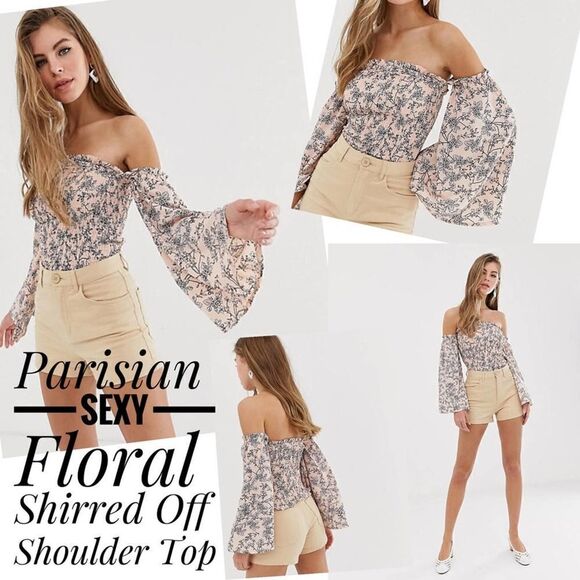 Parisian Sexy Floral Shirred Off Shoulder Top Size 14 - Picture 3 of 13